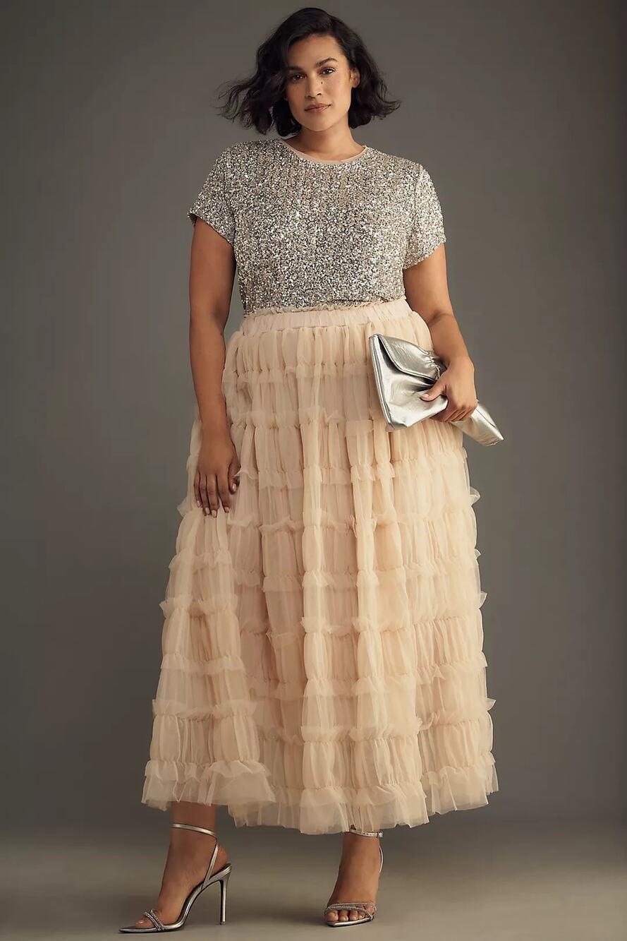 NWT By Anthropologie Shirred Tulle Maxi Skirt - Light Sand, Size S